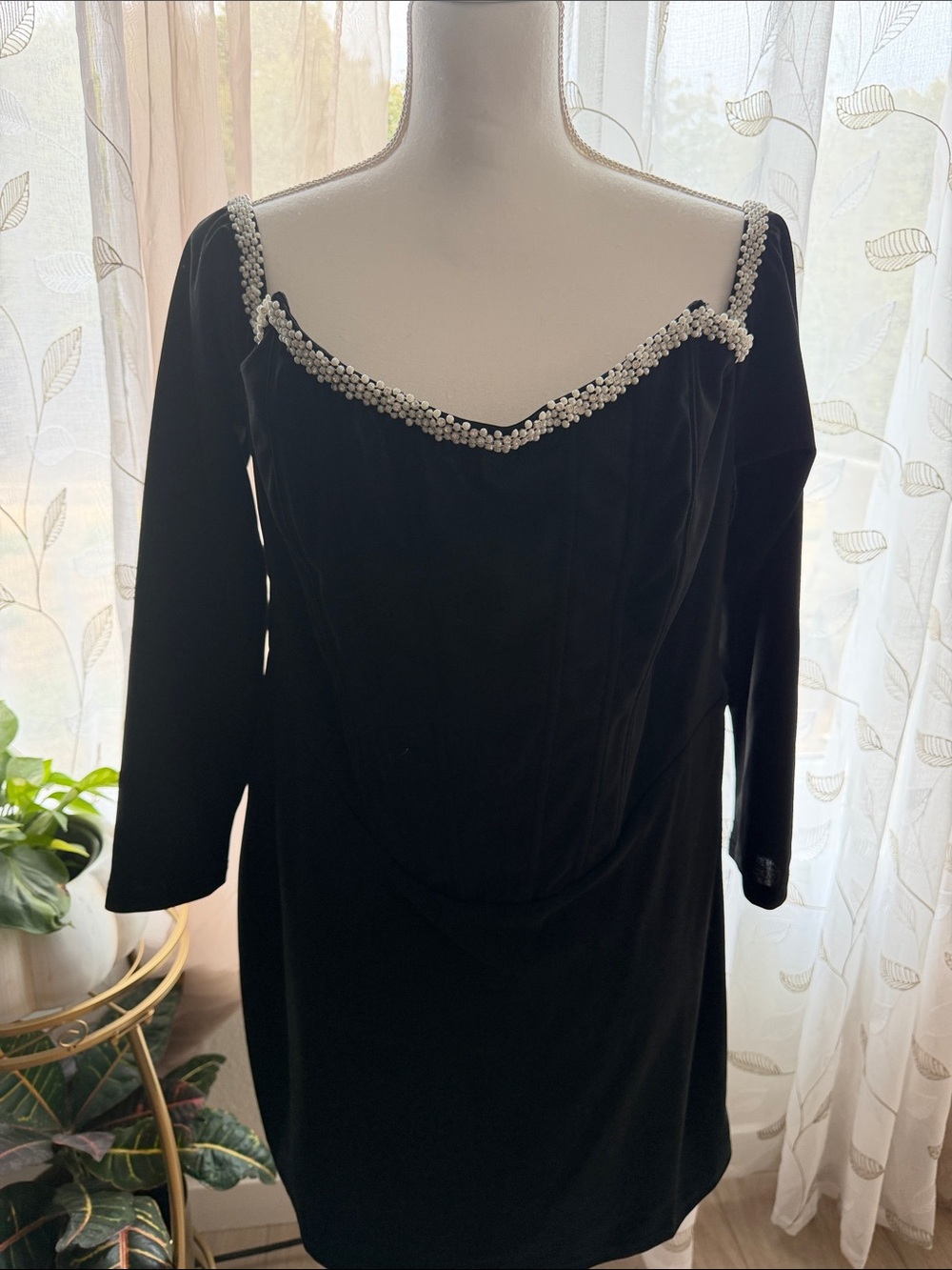 Black Velvet Pearl-Trim Off-Shoulder Dress